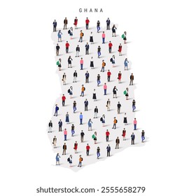 Ghana population map. Large group of realistic a diverse crowd of people figures in a shape of Ghanaian map. Flat vector illustration isolated on white.