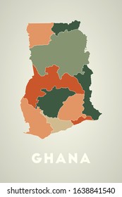 Ghana poster in retro style. Map of the country with regions in autumn color palette. Shape of Ghana with country name. Trendy vector illustration.