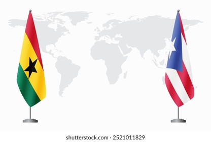 Ghana and Puerto Rico flags for official meeting against background of world map.