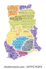 Ghana region word cloud. Country shape design. Ghana colored illustration. Region names collage cloud. Vector illustration.