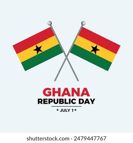 Ghana Republic Day poster vector illustration. Two crossed Ghanaian flags on a pole icon on a gray background. Flag of Ghana symbol. Template for background, banner, card. July 1 every year