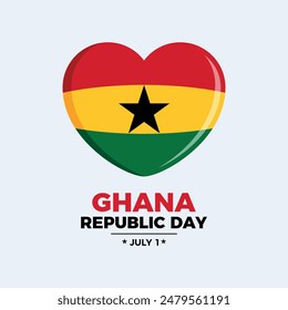 Ghana Republic Day poster vector illustration. Ghana flag in heart shape icon. Ghanaian flag love symbol. Template for background, banner, card. July 1 every year. Important day