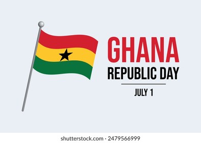 Ghana Republic Day poster vector illustration. Ghanaian flag on a pole icon isolated on a gray background. Flag of Ghana symbol. Template for background, banner, card. July 1 every year. Important day