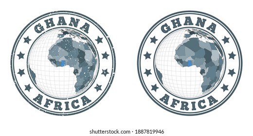 Ghana round logos. Circular badges of country with map of Ghana in world context. Plain and textured country stamps. Vector illustration.