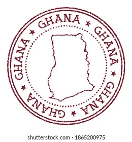 Ghana Rundgummi Stempel mit Landkarte. Vintage rote Passmarke mit kreisförmigem Text und Sternen, Vektorgrafik.