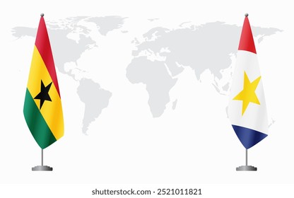 Bandeiras de Gana e Saba para reunião oficial contra fundo do mapa do mundo.