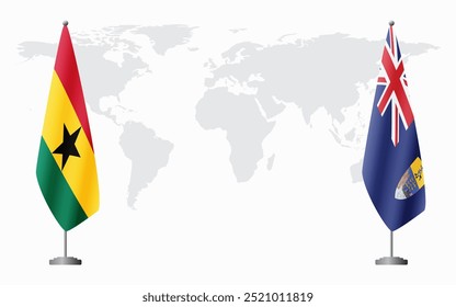 Bandeiras de Gana e Santa Helena para reunião oficial contra fundo do mapa do mundo.