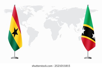Bandeiras de Gana e São Cristóvão e Neves para reunião oficial com base no mapa do mundo.