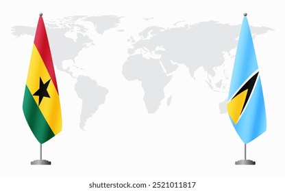 Bandeiras de Gana e Santa Lúcia para reunião oficial contra fundo do mapa do mundo.