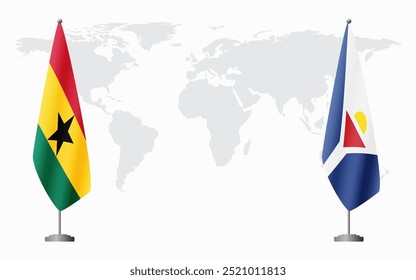 Bandeiras de Gana e de São Martinho para reunião oficial ao fundo do mapa do mundo.