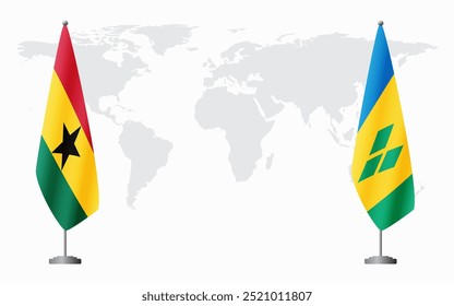 Gana e São Vicente e Granadinas bandeiras para reunião oficial contra fundo do mapa do mundo.