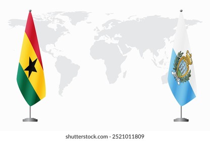 Ghana and San Marino flags for official meeting against background of world map.