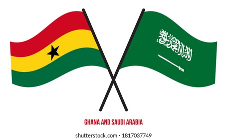Ghana and Saudi Arabia Flags Crossed And Waving Flat Style. Official Proportion. Correct Colors.