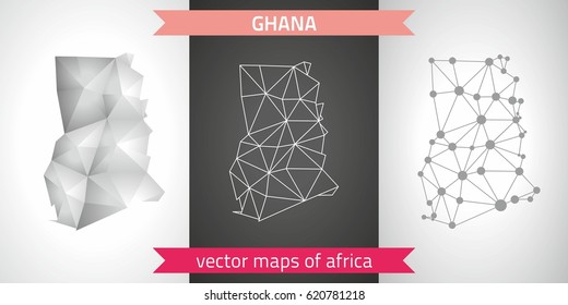 Ghana set of grey and silver mosaic 3d polygonal maps. Graphic vector triangle geometry outline shadow perspective maps