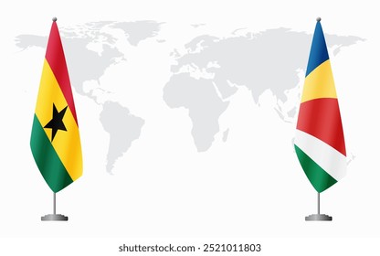 Bandeiras de Gana e Seychelles para reunião oficial contra fundo do mapa do mundo.