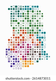 Ghana, shape of the country built of colored cells. Digital style map of Ghana on a white background. Large size rounded square blocks. Artistic vector illustration.