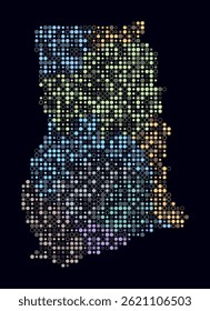 Ghana, shape of the country built of colored cells. Digital style map of Ghana on a dark background. Small size circle blocks. Creative vector illustration.