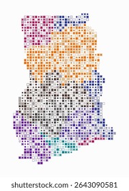 Ghana, shape of the country built of colored cells. Digital style map of Ghana on white background. Small size square blocks. Creative vector illustration.