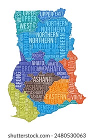 Ghana shape. Country word cloud with region division. Ghana colored illustration. Region names cloud. Vector illustration.