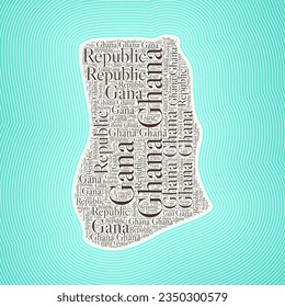 Ghana shape formed by country name in multiple languages. Ghana border on stylish striped gradient background. Vibrant poster. Captivating vector illustration.