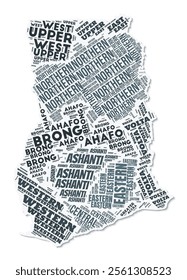 Ghana shape text cloud. Country border with shadow on white background. Ghana with regions division in vintage gazette style. Beautiful vector illustration.