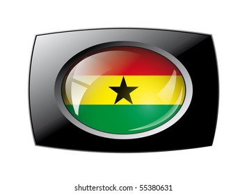 Ghana shiny button flag with black frame -  vector illustration. Isolated abstract object against white background.