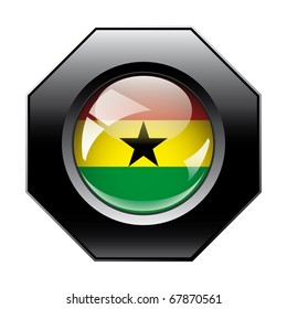 Ghana shiny button flag with black frame -  vector illustration. Isolated abstract object against white background.