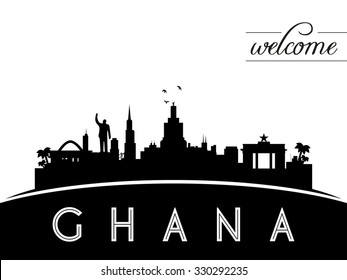 Ghana skyline silhouette, black and white design, vector illustration