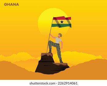 GHANA Soldier on top of the mountain with the GHANA flag. 
illustration of GHANA Army soilder holding flag of GHANA Happy Republic Day