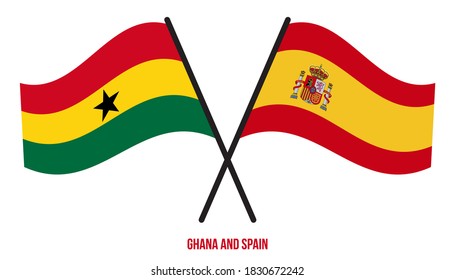 Ghana and Spain Flags Crossed And Waving Flat Style. Official Proportion. Correct Colors.