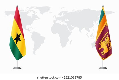 Bandeiras de Gana e Sri Lanka para reunião oficial no fundo do mapa mundial.