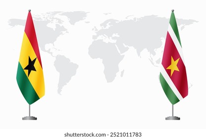 Bandeiras de Gana e Suriname para reunião oficial contra fundo do mapa do mundo.