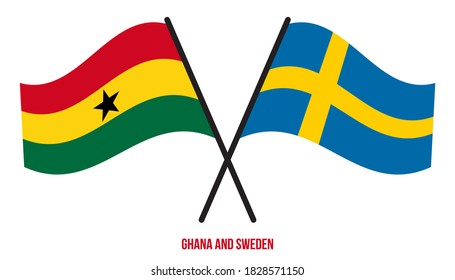 Ghana and Sweden Flags Crossed And Waving Flat Style. Official Proportion. Correct Colors.