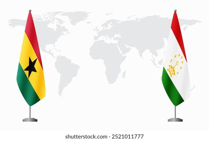 Gana e Tajiquistão bandeiras para reunião oficial contra fundo do mapa do mundo.