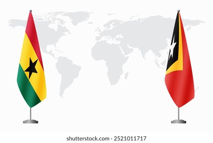 Bandeiras de Gana e Timor-Leste para reunião oficial contra fundo do mapa do mundo.