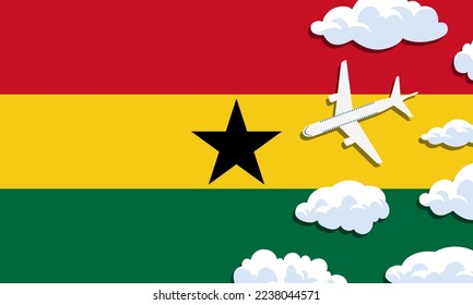 Ghana travel concept. Airplane with clouds on the background of the flag of Ghana. Vector illustration