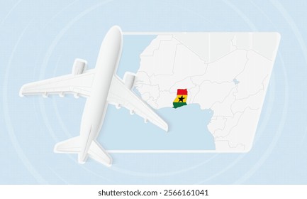 Ghana Travel Illustration with Plane and National Flag. Ideal for travel agencies, promotional materials, or geographic content related to Ghana.