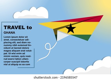 Ghana travel vector banner with paper flag and text space, Ghana country flag on paper plane, holiday and vacation concept, summer travel template and pattern, flight ticket idea