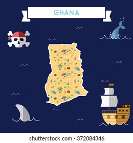 Ghana treasure map in flat design. Colorful cartoon treasure map of Ghana with flat design icons of pirate ship and jolly roger. Ghana flat design vector illustration.