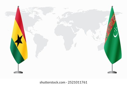 Bandeiras de Gana e Turcomenistão para reunião oficial em segundo plano do mapa do mundo.