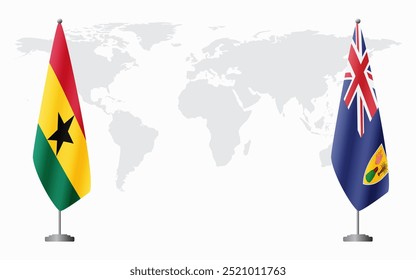 Bandeiras de Gana e Turcos e Caicos para reunião oficial em segundo plano do mapa do mundo.