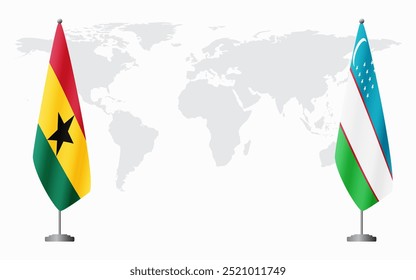 Bandeiras de Gana e Uzbequistão para reunião oficial contra o fundo do mapa do mundo.