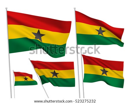 Ghana vector flags set. 5 wavy 3D cloth pennants fluttering on the wind. EPS 8 created using gradient meshes isolated on white background. Five fabric flagstaff design elements from world collection