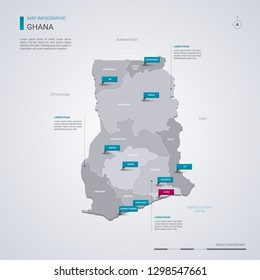 Ghana vector map with infographic elements, pointer marks. Editable template with regions, cities and capital Accra. 