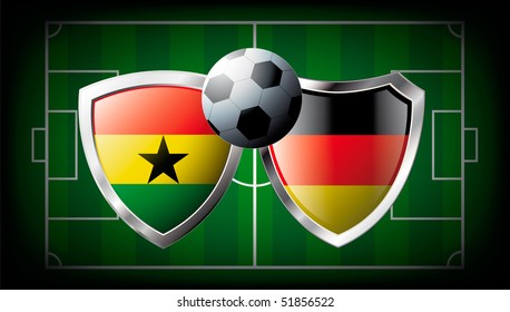 Ghana versus Germany abstract vector illustration isolated on white background. Soccer match in South Africa 2010. Shiny football shield of flag Ghana versus Germany