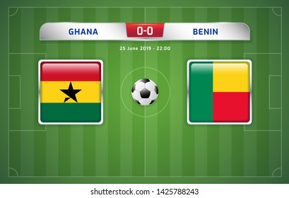 Ghana vs Benin scoreboard broadcast template for sport soccer africa tournament 2019 Group F and football championship in egypt vector illustration