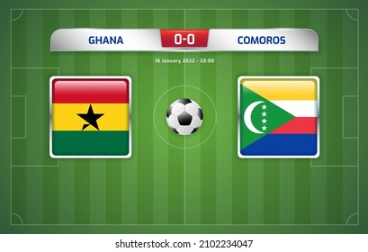 Ghana vs Comoros scoreboard broadcast template for sport soccer africa tournament 2021 Group C and football championship in cameroon vector illustration