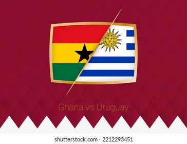 Ghana vs Uruguay, group stage icon of football competition on burgundy background. Vector icon.