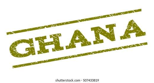 Ghana watermark stamp. Text caption between parallel lines with grunge design style. Rubber seal stamp with dust texture. Vector olive color ink imprint on a white background.