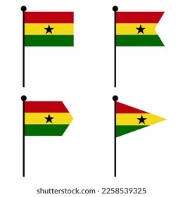 Ghana waving flag icon set in 4 shape versions. Collection of flagpole sign for identity, emblem, and infographic. 